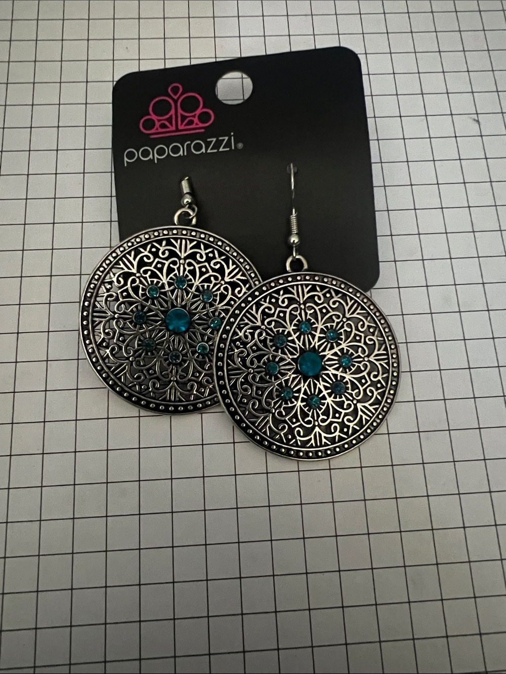 paparazzi Silver Filigree Earrings with Teal Stones